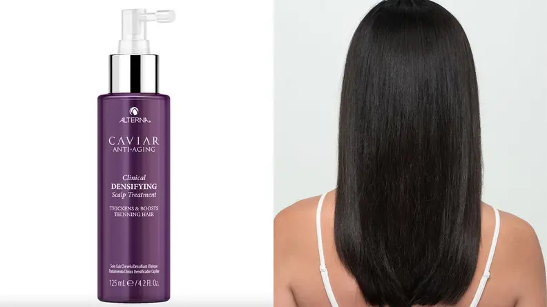 On the left: A purple pump bottle from Alterna. On the right: The back of a person's head with long, dark brown hair that looks shiny and straight.
