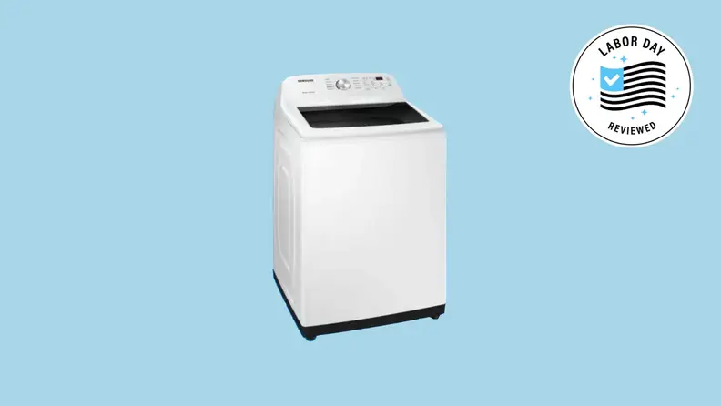 A Samsung washer from The Home Depot on a blue background with a Labor Day badge.