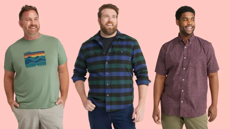 Mean wearing green L.L. Bean t-shirt, man wearing blue plaid shirt, and man wearing checkered shirt against salmon background