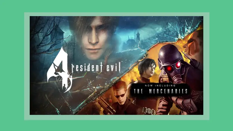 Screenshot of the Resident Evil 4 VR video game in front of green background.