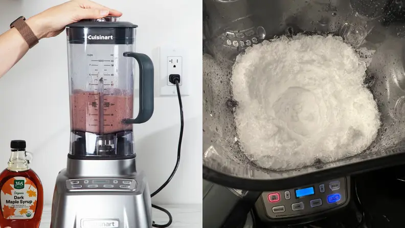 Left: person blending smoothie in Cuisinart blender. Right: blended ice with snow-like texture