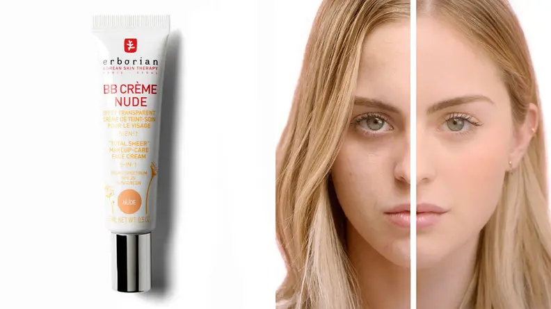 On the left: A tube of the Erborian BB Crème. On the right: A person's face before and after applying the BB cream.