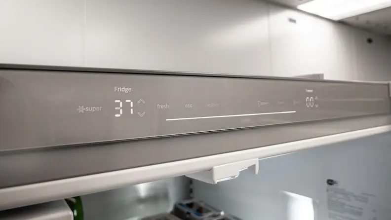 Temperature control display on top of the  Bosch B36FD50SNS French-door Refrigerator.