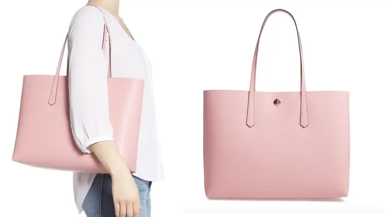 On left, wearing pink Kate Spade Large Molly leather purse on her shoulder. On right, product shot of the Kate Spade Large Molly leather purse.