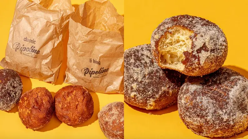 On left, four Malasadas with two Pipeline bags in the background. On right, three doughnuts stacked with a bite taken out.