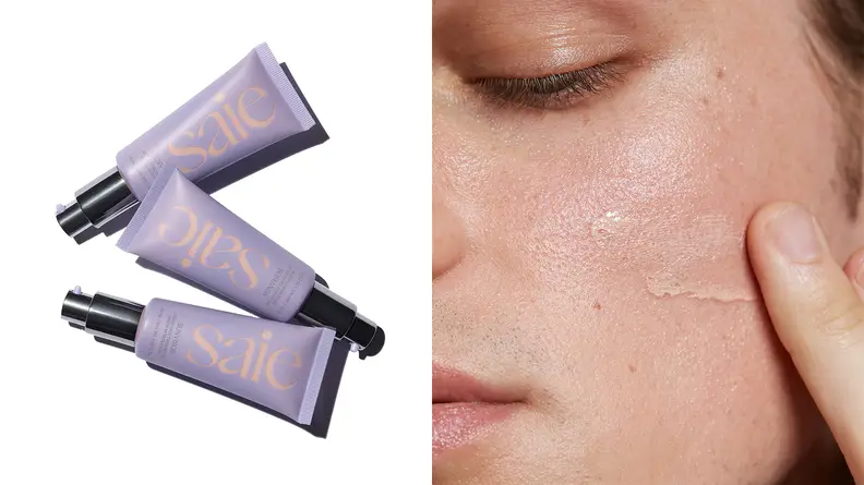 On the left: Three purple tubes of makeup primer. On the right: A person applies a tan primer onto their skin.
