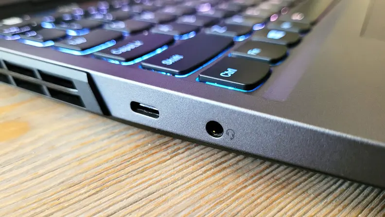 Close up view of side ports on a laptop.