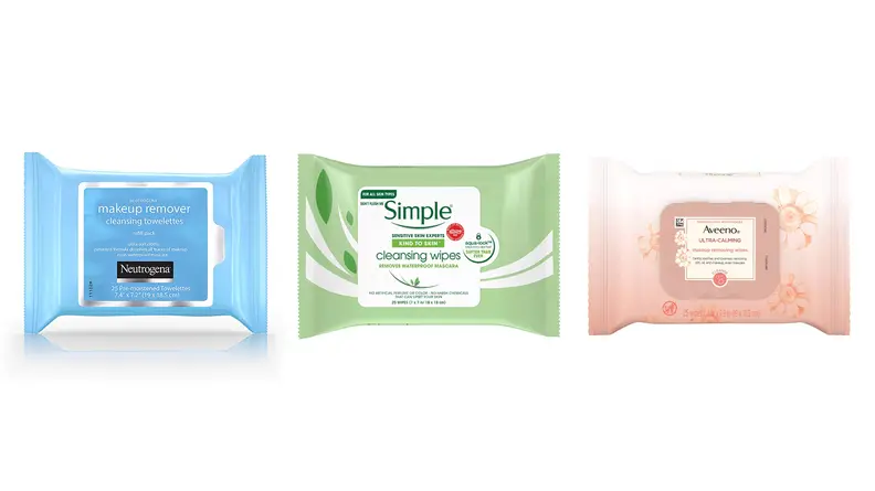A photo of the Neutrogena Makeup Remover Cleansing Towelettes, the Simple Unscented Skin Cleansing Facial Wipes, and the Aveeno Ultra-Calming Cleansing Makeup Removing Wipes.