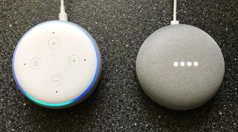 Echo Dot and Home Mini lit up