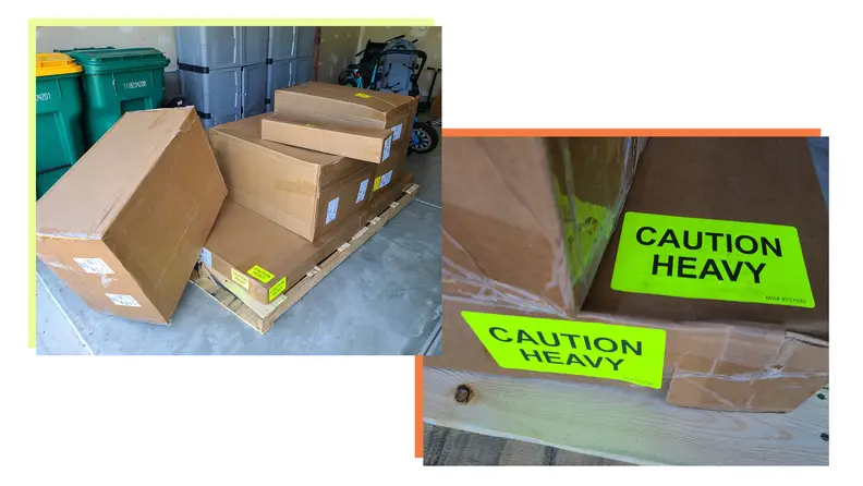 Cardboard shipment boxes with bright neon stickers arriving at an address.