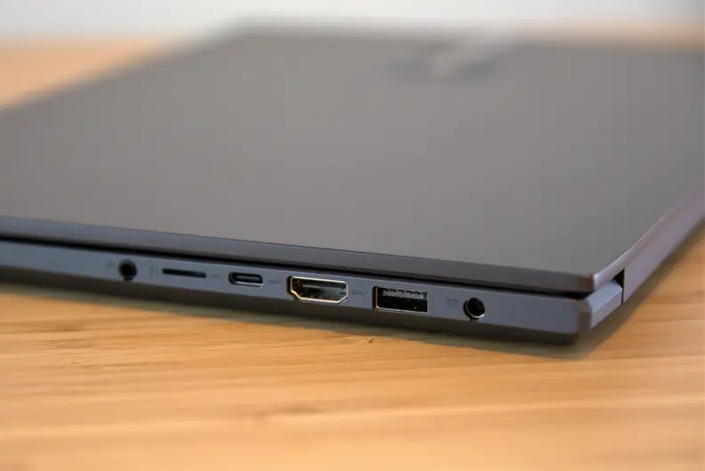 A close up of a laptops connectivity ports