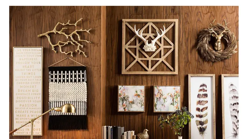 A collection of wall decor adds texture and interest to a space
