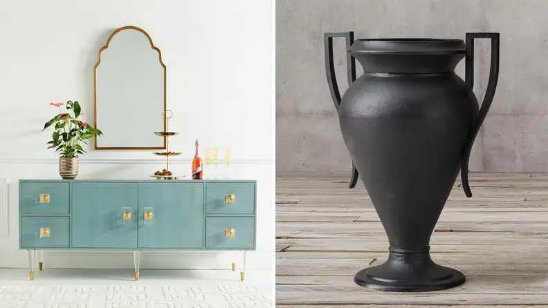 (left) A light blue sideboard from Anthropologie in a white room. (right) A black Restoration Hardware urn.