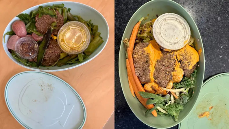 Two photos of vegan salads with meatless meatballs