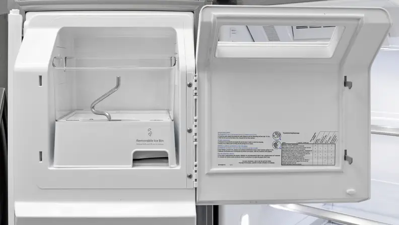The Whirlpool WRF757SDEM's roomy, door-mounted ice maker holds plenty of cubes and is extremely easy to remove.