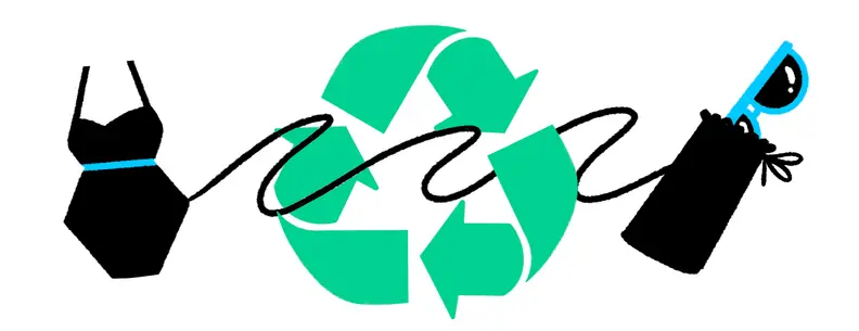 Cartoon illustrations of a black swimsuit, green recycling symbol, and blue sunglasses.