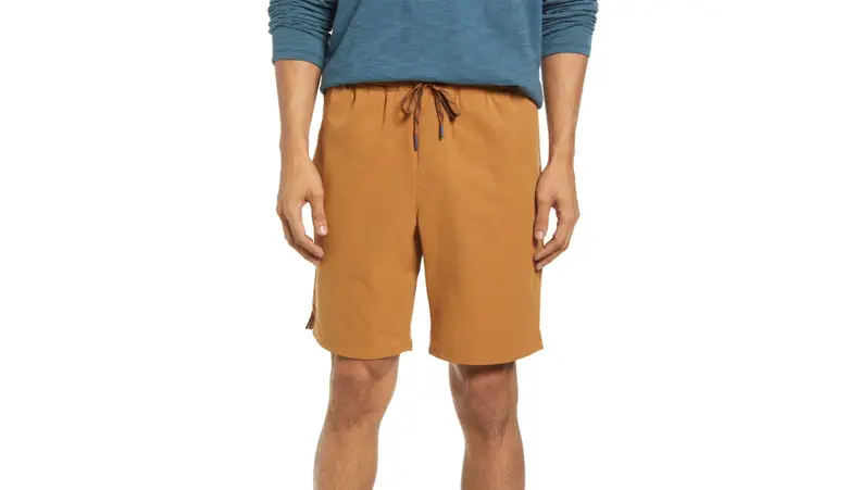 Man wearing blue sweater and tan L.L. Bean shorts.
