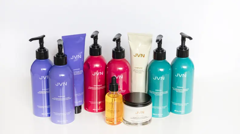 A colorful line of hair products.