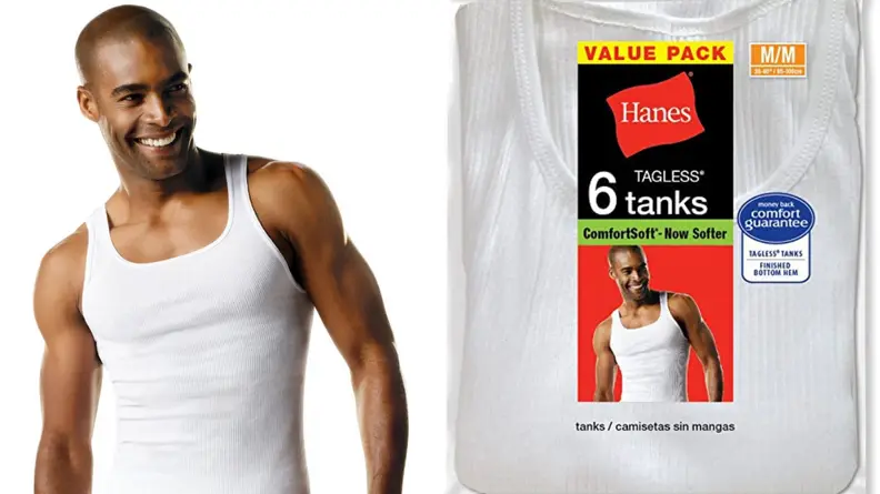 man wearing white Hanes tank top, pack of Hanes tank tops
