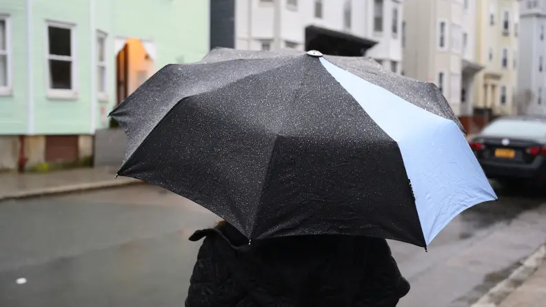 Person holding the Davek Solo Umbrella on a rainy street.