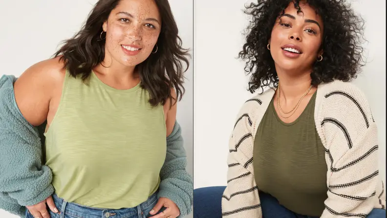 Two models wear green tank tops.