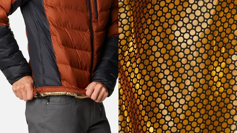 Man wearing a Columbia jacket with Omni-Heat Infinity lining, and a closer look at the golden lining and reflective black dots.