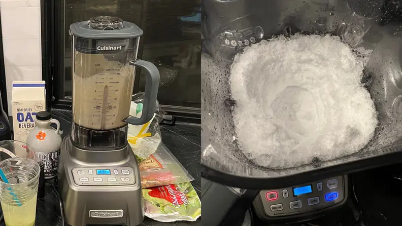 Left: Cuisinart Hurricane blender filled with smoothie and surrounded by smoothie ingredients. Right: Pulverized ice inside of the blender.