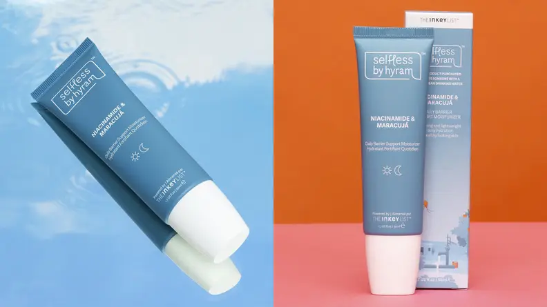 On the left: The Selfless by Hyram Niacinamide & Maracujá Daily Barrier Support Moisturizer in its blue tube laying on a watery background. On the right: The same blue tube standing next to its box packaging on an orange background.