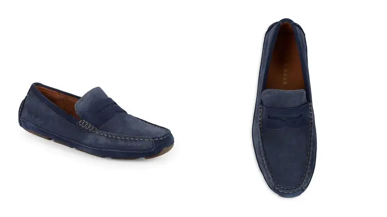 blue suede penny loafer by Cole Haan