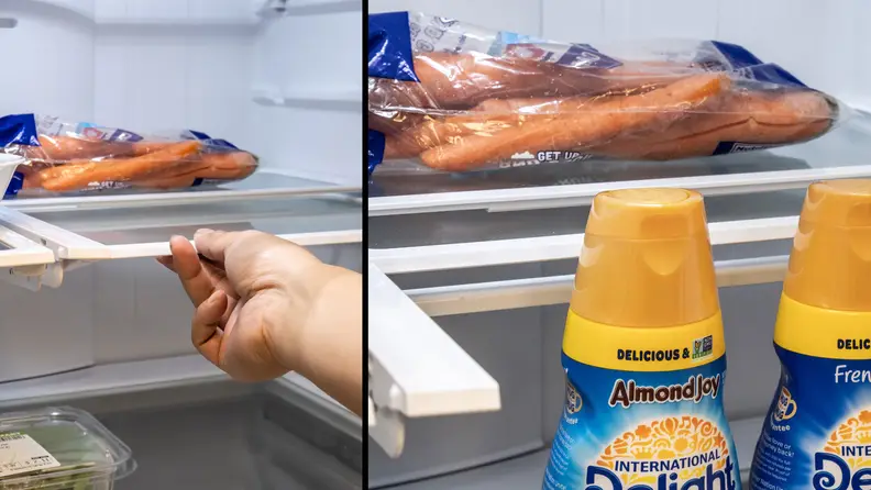 A side-by-side image. The left shows a hand reaching towards a shelf. On the right we see half of the shelf has been stowed away underneath itself, allowing taller items to fit in front of the shelf.