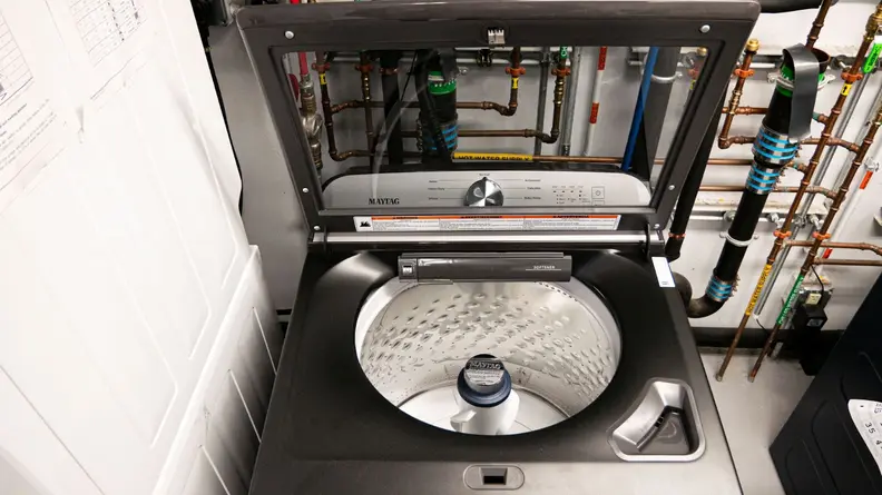 Shot of opened Maytag MVW6500MBK washing machine.