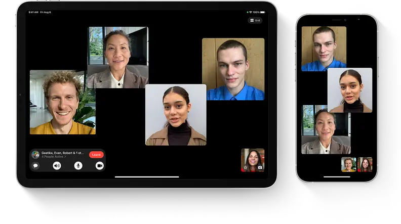 An iPad and an iPhone side-by-side, showing a group FaceTime call with four participants.