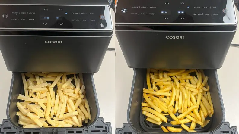 Frozen and cook fries inside of the basket of the Cosori Dual Blaze Smart Air Fryer.