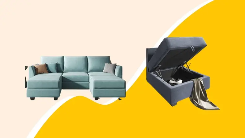 On left, light blue couch next to ottoman with storage lid open.