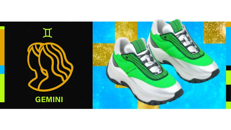 On the left is the symbol for Gemini, and on the right is a pair of white and neon green sneakers.