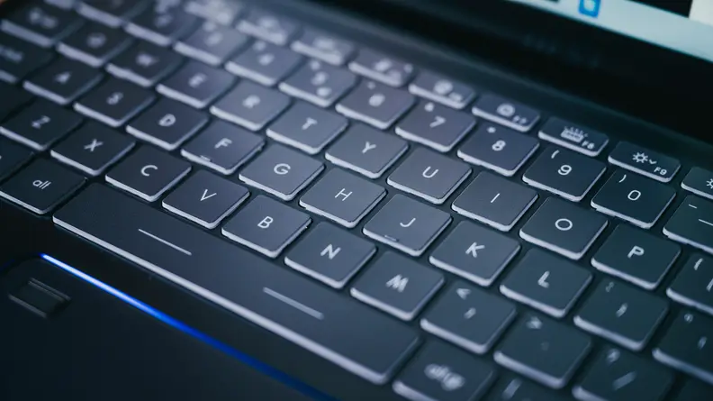 A close-up of the MSI Prestige Evo 14's backlit keyboard.