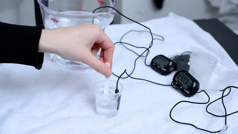 We tested each water sample for free chlorine, total chlorine, pH, and total dissolved solids (TDS) content.