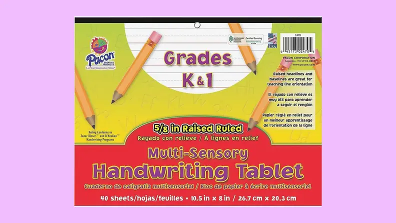 A handwriting tablet book on a purple background.