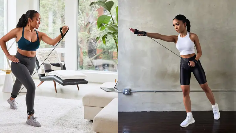 A woman using P.volve's p.3 trainer and a woman using the p.band.