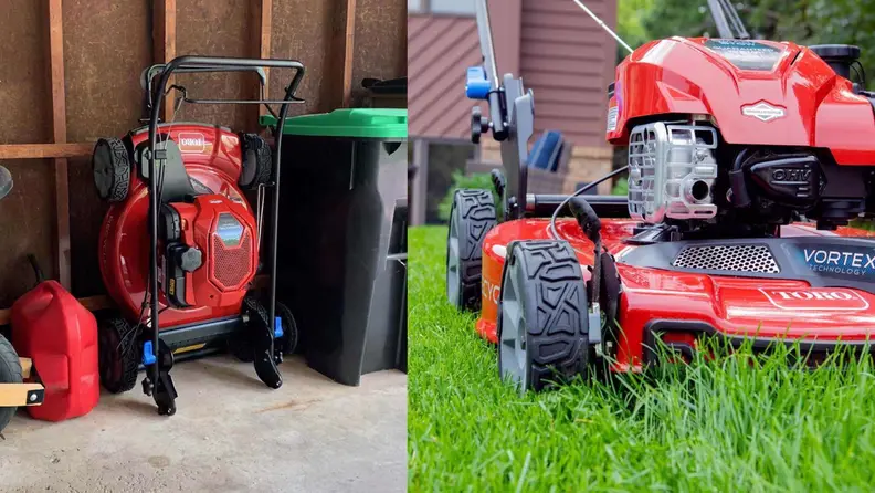 On the left, the Toro lawn mower in storage. On the right, the Toro lawn mower mowing grass.
