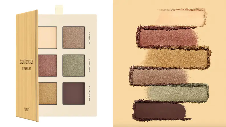 On the left: A BareMinerals neutral-colored eyeshadow palette with six shades. On the right: Six swatches from an eyeshadow palette stacked on each other.