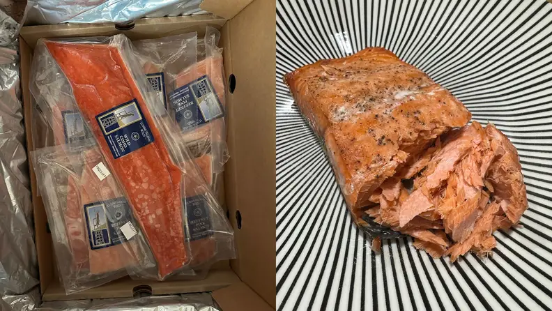 Left: box of vacuum-sealed salmon fillets. Right: baked salmon on a plate, showing its flaky texture