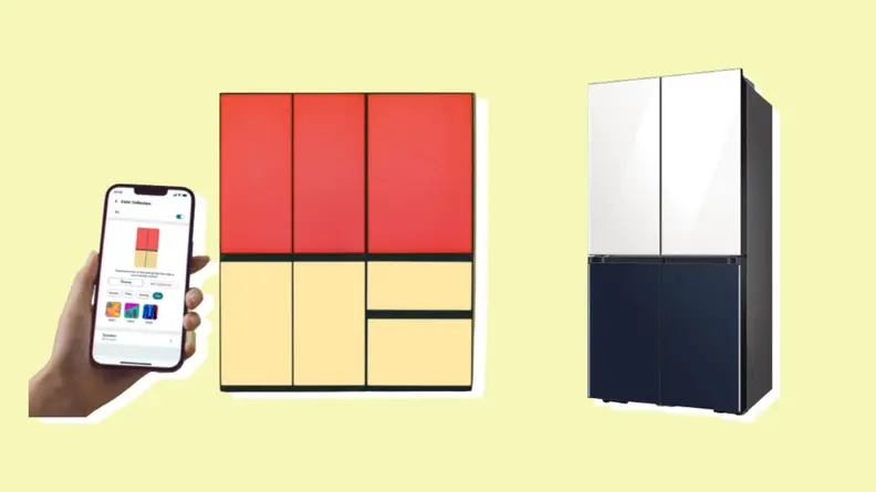 On left, person controlling their red and yellow Samsung Bespoke refrigerator with a smartphone. On right, product shot of the blue and white Samsung Bespoke refrigerator.