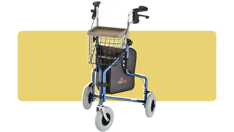 A blue Nova Traveler rollator on a colorful background