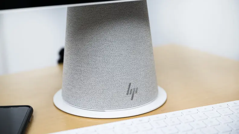 A Closeup of the computer's cone base, which is also a speaker
