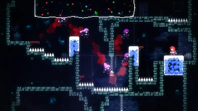 A girl jumps through icy platforms in a pixelated world.