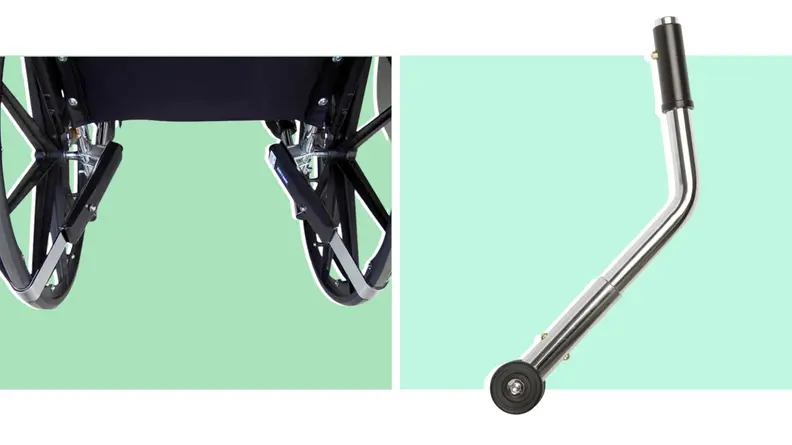 Photo collage of wheelchair speed restrictor attached to wheel and a single Medline anti-tip wheels.