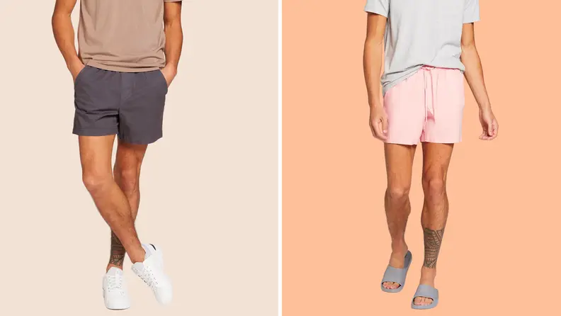 two men wearing VRST shorts in grey and pink