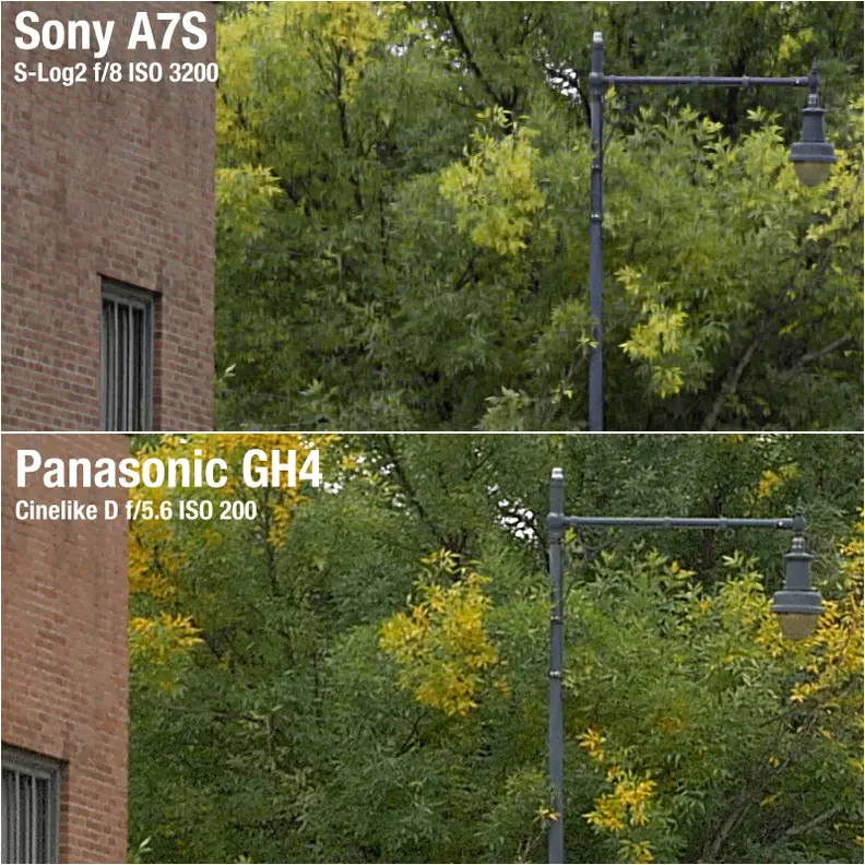 Even after correction in post the A7S has trouble with greens and yellows, though compared to the GH4 the bricks look nicer and there's less visible noise overall.