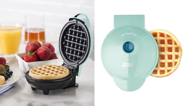 Two photographs show a small baby-blue Dash waffle maker.